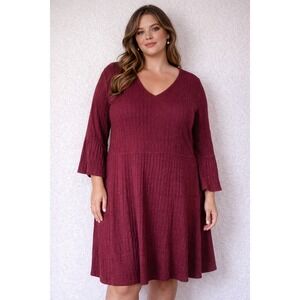 Gabby Skye Women's Burgundy Textured‎ V Neck Bell Sleeve Knit Dress Plus Size 2X